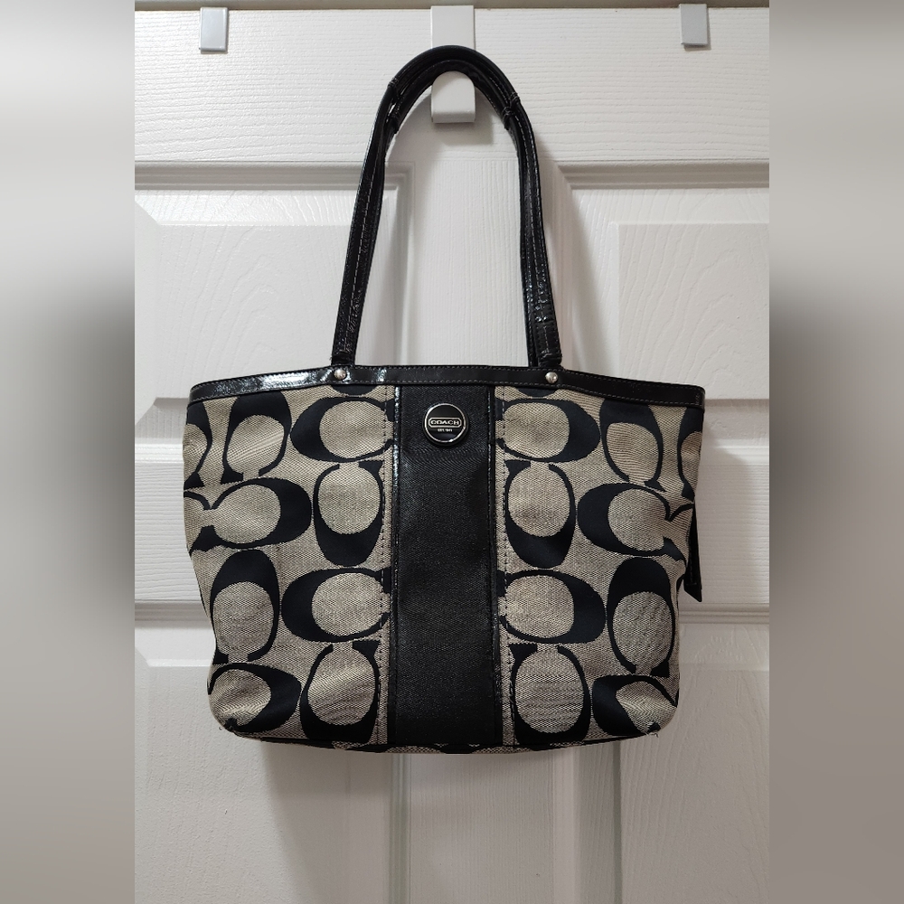 Vintage Coach Black and Cream Signature Tote Bag